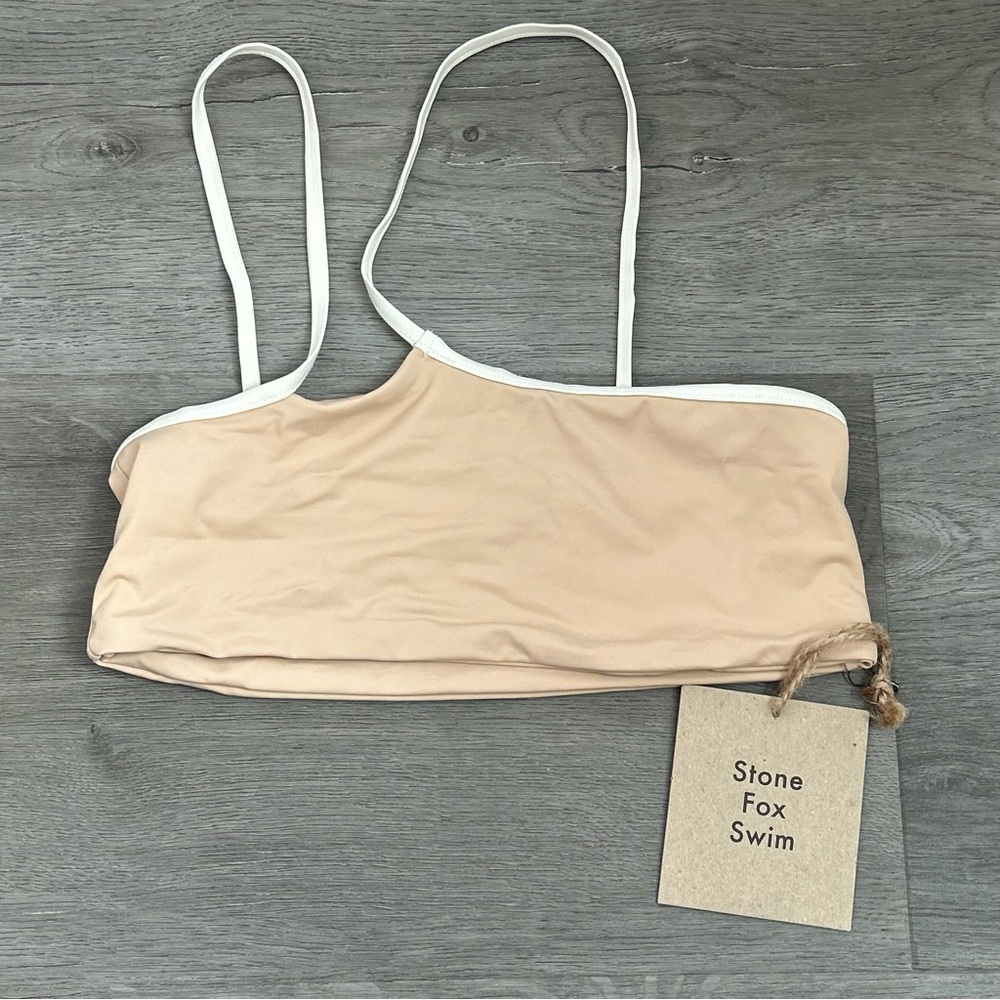 Stone Fox Swim Ibiza Swimsuit Bikini Top Tan White Size Small Women’s NWT
